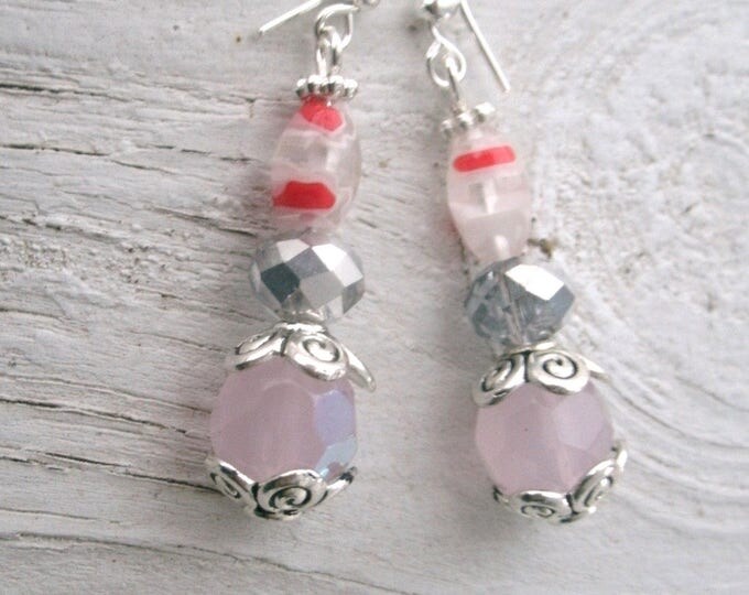 Murano glass & Rose Quartz Earrings ,with silver decorative bead caps, clear and silver crystal beads, , feminine earrings, gift for her