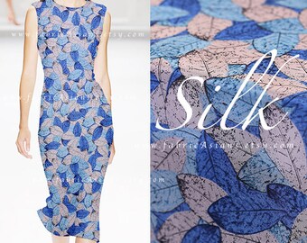 Blue Leaves silk crepe fabric by the yard - achat crepe de soie au metre
