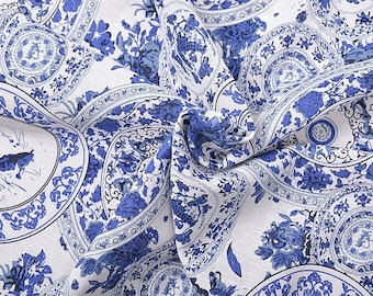 10 X fabric cotton linen white blue Qinghuaci round
