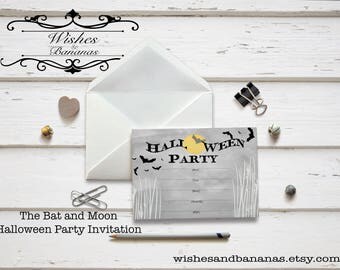 Bat and Full Moon Invitation  | Halloween | Party | Digital File | Available for Download | Printable | DIY