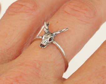 Sterling Silver Ring, Silver Antler Ring, Silver Skull Head Ring, Silver Deer Skull Ring, Silver Stag Skull Ring, Oxidized Silver Ring,