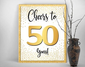 Cheers to 50 Years Party Sign Sparkle Gold Bokeh Glitter