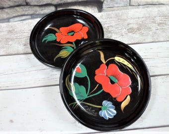 Longwy Poppy Design French Pottery Bowls Pair Mid-Century Modern Coquelicot Signed L Valenti Hand Painted Serving Tableware