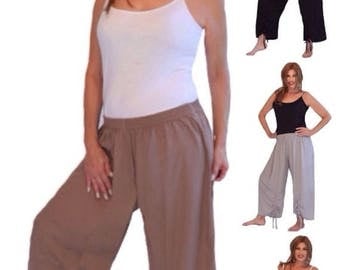 20% OFF PANTS/SALE M194 Pants Crop Gauchos Ruching Ties Elastic Waist Wide Leg Lagenlook Made To Order s m l xl 1x 2x 3x 4x 5x 6x Choose You