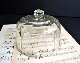Vintage French Art Deco Pressed Glass Bell Cheese Plate Cover Food Dome Cloche