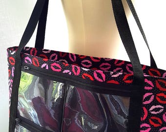 Lips fabric Direct sales consultant display tote bag..lipsense..clear window pocket shoulder crossbody purse..advertise your business bag