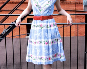 Vintage 1950s Cotton Floral Print Dress XS S - Garden Party - Full Skirt