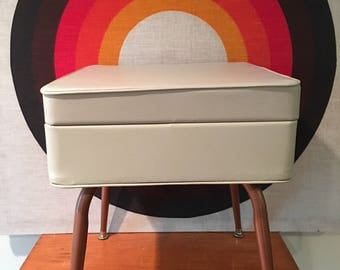 Mid Century Modern Ottoman with Storage, Foot Stool, Sewing Seat with Storage, Beige Ottoman with Copper Colored Legs, MCM Storage Ottoman