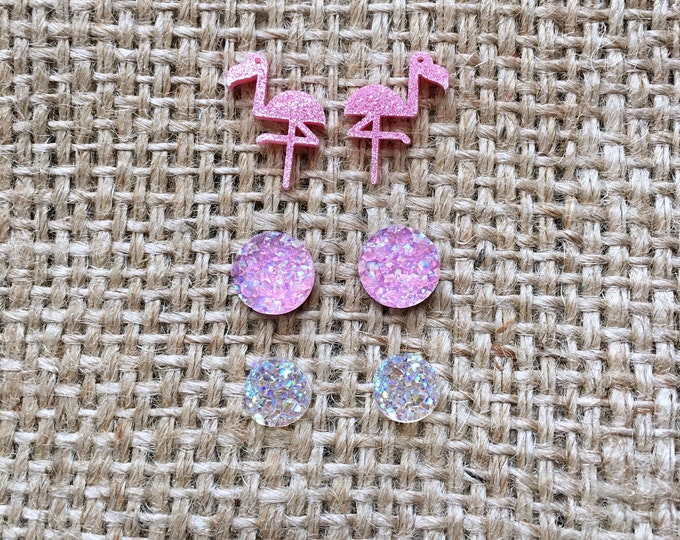 Flamingo Stud Set, Laser Cut Studs, Acrylic Earring Set, Flamingo Earrings, Faux Druzy Studs, Tropical Earring Set, Kitsch Earring Set