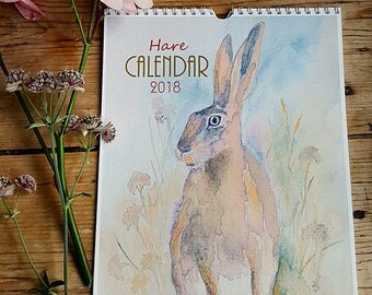 Hare calendar. Calendar 2018. Hand made calendar. Hare watercolour. Wildlife calendar. Nature calendar. Illustrated calendar. 2018 calendar