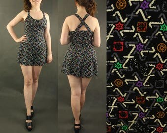 Romper women onesie, stars vintage overall, black and white red yellow purple green abstract pattern