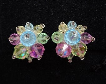 Western Germany Pastel Beaded Cluster Clip Back Earrings - Pastel Fruit Salad - Estate Jewelry