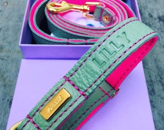 Dog Collar, Soft Leather dog collar, Mint green Leather and Wool Felt adjustable Dog Collar, Personalised Leather Dog Collar, UK