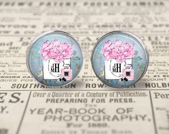Chanel Inspired Monogram Glass Stud Earrings, Monogrammed Jewelry, Personalized Earrings, Initial Earrings, Perfume Stud Earrings