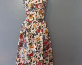 Vintage Fit and Flare Floral Print Halter Dress 80's does 50's Pin Up Sun Dress Cotton Midi Size 8 Bra Top Flowers Garden Party Rockabilly