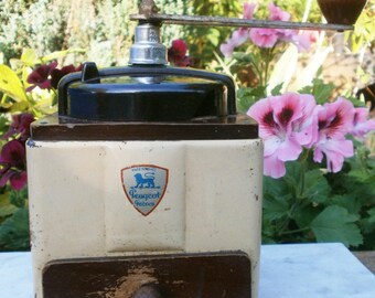 french Vintage enameled and bakelite coffee grinder Peugeot / / Vintage old mill Peugeot grinder cream enamel and bakelite / / enamelware