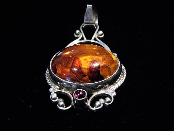 Genuine Baltic Amber Pendant Rhodolite Garnet Sterling Silver