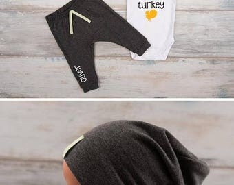 LATE SHIP SALE 1st Thanksgiving Boy Outfit, Personalized Hat, Pants, Bodysuit, First Thanksgiving Outfit Boy, Baby Thanksgiving Outfit, Turk