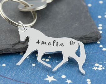 Personalized horse keychain, horse keyring, name keychain, horse rider gift, hand stamped, personalized gift, animal keychain, silver horse
