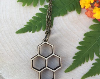 delicate small wooden honeycomb pendant, gift for her