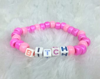 Bitch Hot Pink and Pastel Pink Kandi Bracelet - Metallic - Pastel Goth - Kandi Singles - Rave Gear - Lolita - Mean Girls - Tumblr - Bitchy