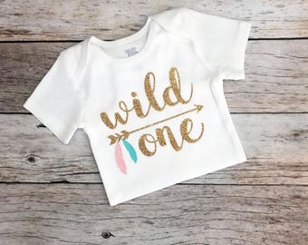 Feather Wild One Birthday Shirt (Customizable Colors), Feather Tribal Birthday Shirt/Baby Girl Bodysuit/Wild One Bodysuit