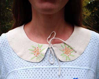 Hand embroidered collar, Detachable collar, Peter pan collar, Linen collar, Beige collar, Floral collar