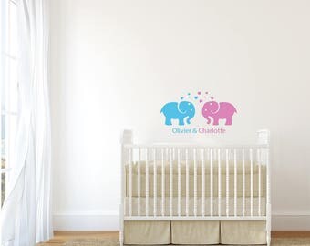 Vinyl sticker mural for twins • elephant with custom name and colors