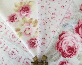 Exquisite Fab French FABRICS English ROSES and Petite Pink Flowers on White Ground with their Gilt Brass RIBBONBOW for Projects