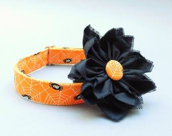 Spider web dog collar with flower for Halloween glow in the dark All saints day cat accessory XS to XL All Hallows Eve pet clothes puppy