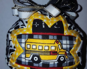Yellow School Bus Quilted Fabric Christmas Tree Ornament Bulb. Bus Driver Gift. Back To School Gift. Bus Aide Gift. Christmas Decoration