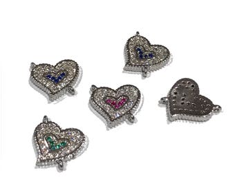 CZ Micro Pave Silver Heart Charm Connector, Pave Connector, Bracelet Connector, Heart Findings, CZ Links, Jewelry Findings,, 11x10x2mm,1 Pc