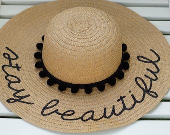 Personalized custom sun floppy straw beach hat pom hand-painted Mrs. wedding honeymoon bachelorette derby party