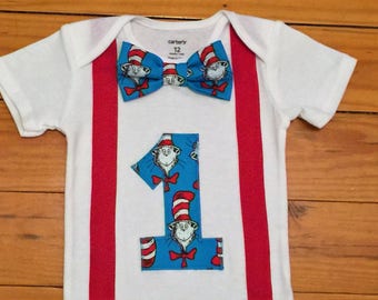 Cat in the Hat Birthday Shirt, Dr. Seuss First Birthday Bodysuit, Cat in the Hat Cake Smash for Boys, Boy Cat in the Hat Outfit