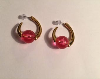 Vintage Gold Hoop Pierced Earrings with Pink Bead 1980s