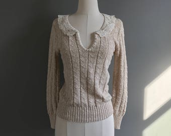 Vintage 1970's pointelle knit sweater with crochet lace collar