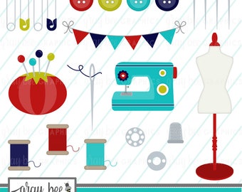SALE! Sewing-Sewing Machine-Red & Turquoise-Buttons-Clipart Set, Commercial Use, Instant Download, Digital Clipart, Digital Images- CP243