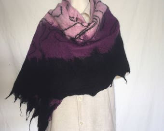 Nuno felted scarf, with silk and merino wool, rose/pink/black