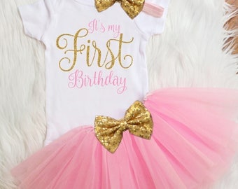 Baby Girl 1st Birthday Outfit | It's My 1st Birthday Girl Outfit | Cake Smash Outfit | Pink And Gold 1st Birthday Tutu Set | Baby Girl Shirt