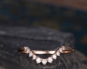 Curve Rose Gold Wedding Band Ring Thin Diamond Stack Ring Bridal Delicate Dainty Anniversary Antique Jewelry Half Eternity Ring For Woman