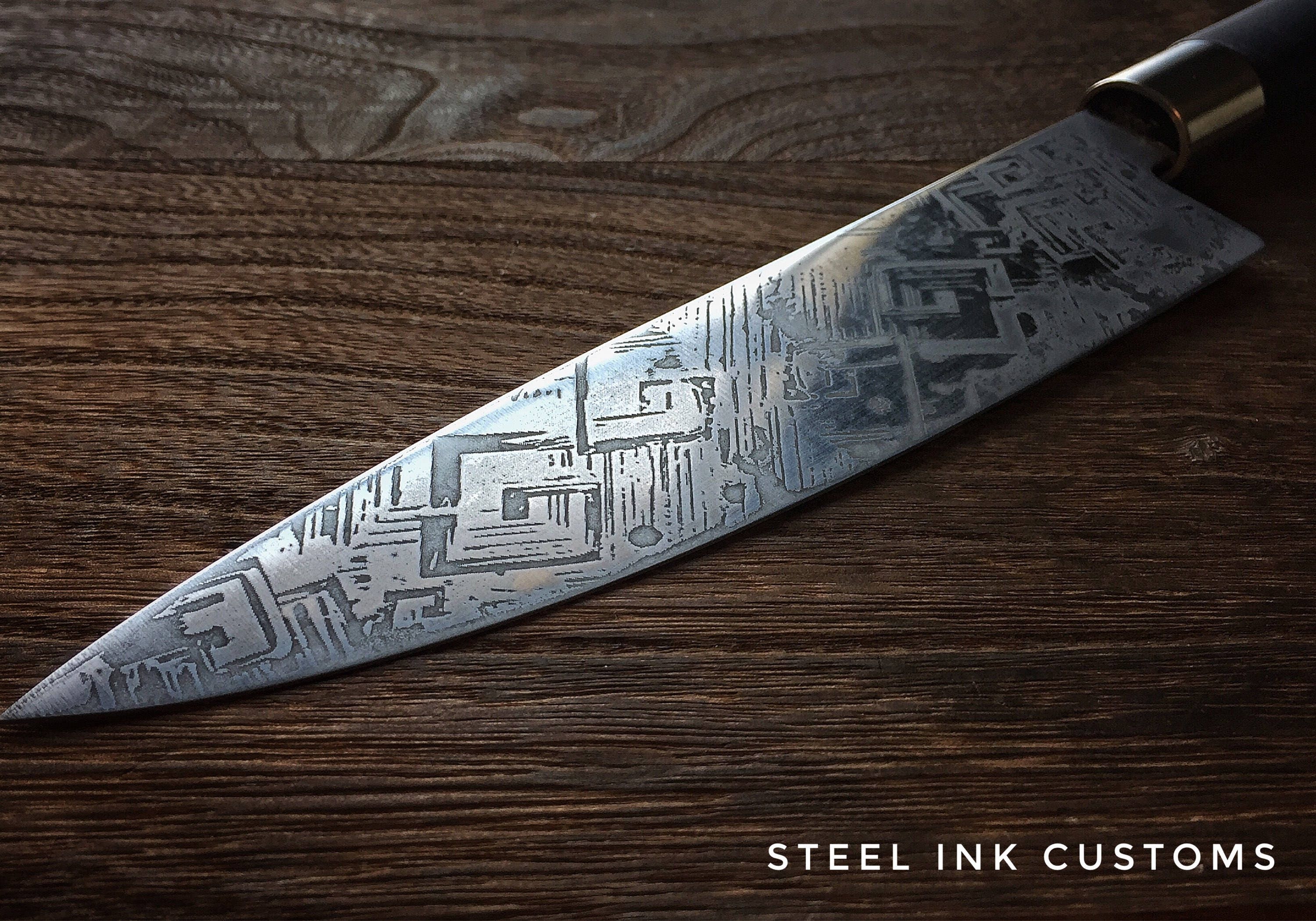 Engraved Chefs Knife Japanese Kitchen Knife Bismuth design