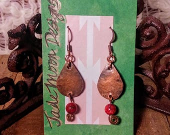 Boho hammered copper teardrop jasper earrings