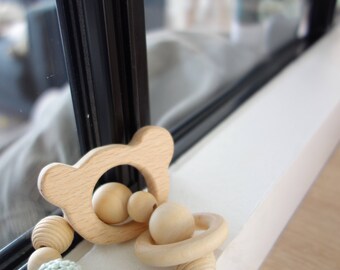 Montessori Educational rattle: beads natural wood and hook - bear model baby teething ring - handmade