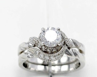 simulated diamond art deco sterling silver engagement ring and band set engagement - Fake Wedding Ring simulated diamond art deco sterling silver engagement ring and band set engagement - Fake Wedding Ring