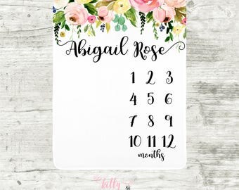 Baby Milestone Blankie, Monthly Baby Blanket, Personalized Baby Blankie, Baby Girl Blanket, Watch Me Grow Blanket, Floral Baby Girl Blanket