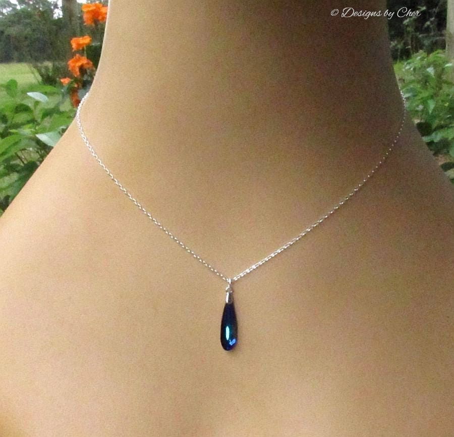 Blue Raindrop Crystal Pendant Necklace Sterling Silver and