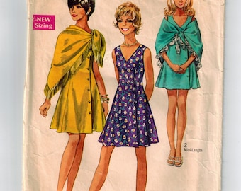 Vintage 70s Dress and Shawl Sewing Pattern Bust 32 Sleeveless Flared A-line Dress Princess Seams V Neck Fringed Shawl Mini or Knee Length