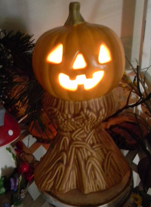 jack o lantern pumpkin on corn stalks ceramic pottery statue fall halloween jol vintage style lighted - Halloween Corn Stalks jack o lantern pumpkin on corn stalks ceramic pottery statue fall halloween jol vintage style lighted - Halloween Corn Stalks