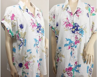 White Floral Caliche Blouse // White Oversized Shirt