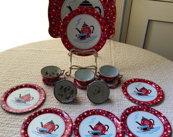 Antique Metal Ohio Art Toy Co. Tea Set 1959 Coffee Time- Metal Girls Dishes - Metal Toys - Dishes just like Mom- 15 pieces